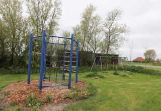 Aire de jeux avec balançoires et structure d’escalade à Cosy cabin 1 aux Pays-Bas, entourée d’arbres.