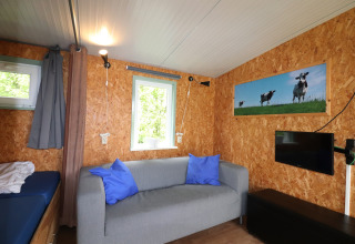 Salon lumineux du Cosy Cabin 1 aux Pays-Bas avec canapé gris, télé, fenêtre et photo de vaches.
