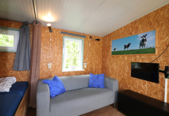 Salon lumineux du Cosy Cabin 1 aux Pays-Bas avec canapé gris, télé, fenêtre et photo de vaches.