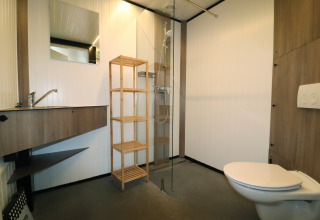 Salle de bain moderne avec détails en bois, douche, lavabo, étagère et WC à Cosy cabin 1 aux Pays-Bas.