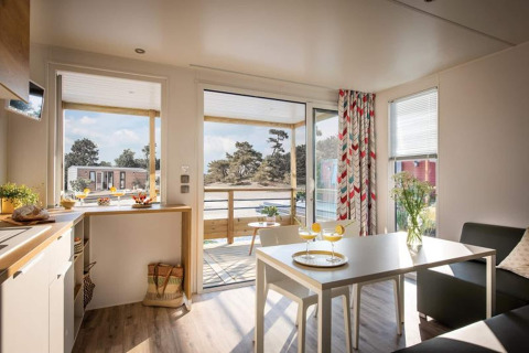 Soggiorno luminoso nel chalet Terrace Lodge 2 nei Paesi Bassi con terrazza e vista panoramica.