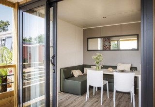 Modern living area in Terrace Lodge 2, Netherlands, with sofa, dining table, flowers, and large sliding door.