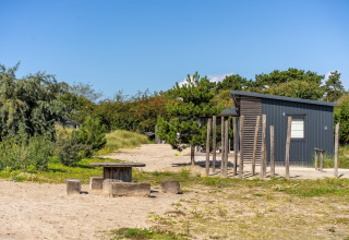 Knus strandhuisje met zand, bomen en een robuuste picknicktafel onder een blauwe hemel.