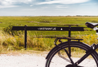 Fiets bij bord 't Wastuutntje, uitzicht op groene weiden met schapen en een heldere blauwe hemel.