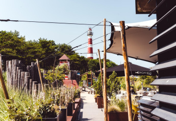 Sendero en casa de playa con plantas, asientos al aire libre y un faro rojo y blanco al fondo.