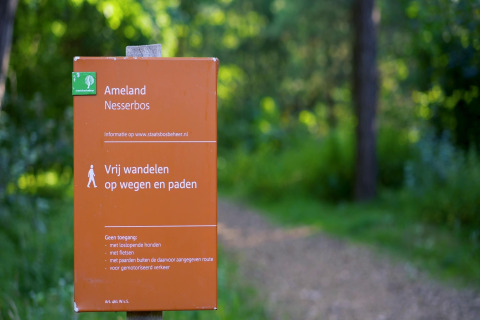 Informatiebord aan de ingang van Nesserbos, Ameland, met groen en een wandelpad op de achtergrond.