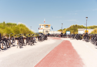 Veel fietsen staan geparkeerd bij een strandhuisje en redderspost, omringd door zandduinen en gras.