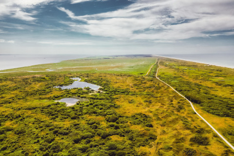 Luchtfoto van een kuststrook met groene velden, vijvers en een weg die naar de horizon loopt.