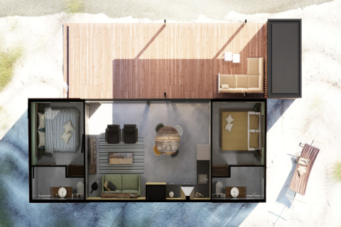 Bovenaanzicht van Sea Lodges Ameland 3 strandhuis in Nederland met twee slaapkamers en een houten terras.