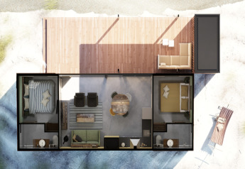 Vogelperspektive auf das Strandhaus Sea Lodges Ameland 3 in den Niederlanden mit Terrasse und Wohnräumen.