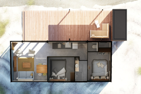 Vogelperspectief van Sea Lodges Ameland 2 strandhuis in Nederland, met terras en eigentijds interieur.