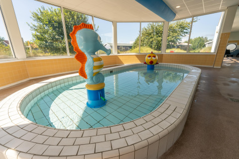 Kleines Hallenbad mit kinderfreundlichen Spielzeugen in einer Lodge, umgeben von großen Fenstern.