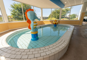 Pequeña piscina cubierta con juguetes para niños en un lodge, rodeada de grandes ventanales.