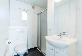 Baño moderno y luminoso con ducha, inodoro y lavabo en Holiday park «Boomhiemke 6» en los Países Bajos.