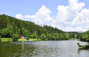 Meerzicht bij Ferienhütte Trabochersee met groene bossen, hutje en blauwe lucht in Oostenrijk.