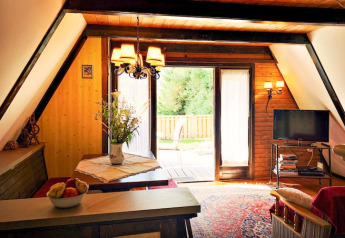 Gezellige woonkamer in Ferienhütte Trabochersee, Oostenrijk, met televisie en uitzicht op terras.