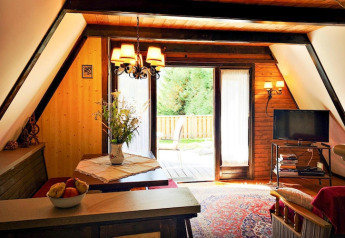 Cozy living area in Ferienhütte Trabochersee, Austria, showing TV, wooden beams, and terrace view.