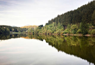Spejling af skovklædte bakker i søen ved Ferienhütte Trabochersee i Østrig på en fredelig dag.