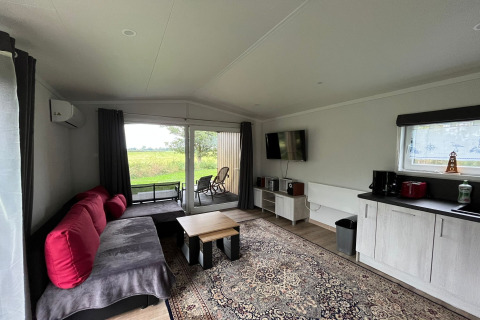 Interior of Holiday Home Inselblick in Nowe Warpno, Germany, showing sofa, rug, TV, and terrace view.