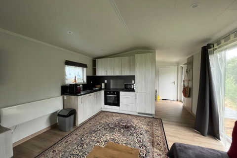 Modern holiday chalet kitchen and living area with large rug, wood accents, and bright windows in Germany.