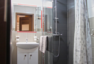 Salle de bain moderne avec douche, lavabo et miroir dans le chalet Holiday home «Maryna» en Allemagne.