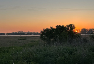 Sunset view from Holiday home Inselblick in Nowe Warpno, Germany, over grassy fields and shrubs.