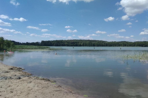 Vista de un lago tranquilo con orilla de arena y árboles en la casa de vacaciones 'Maryna' en Alemania.
