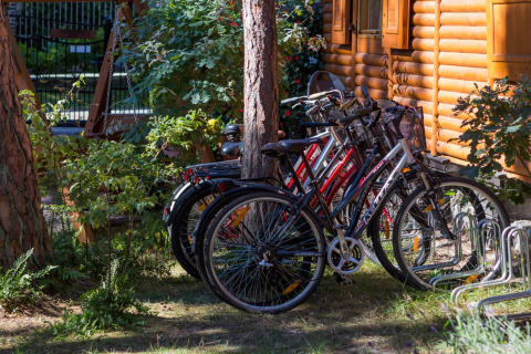 Biciclette parcheggiate accanto a una baita a Domki letniskowe Pobierowo, immersa nel verde in Germania.