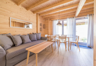 Bright wooden holiday cottage in Pobierowo, Germany, featuring a gray sofa and dining table set.