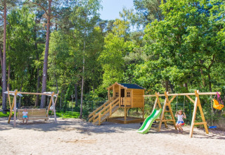 Playground with swings, a slide, and playhouse at holiday cottage for 5 in Pobierowo, Germany, surrounded by trees.