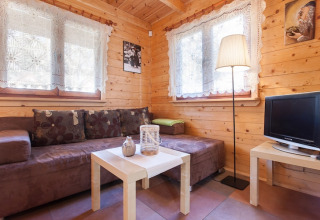 Gezellige houten woonkamer met bruine zetel, kanten gordijnen en tv in Wooden holiday cottages Pobierowo.