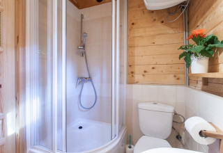 Badkamer in een houten vakantiewoning in Pobierowo, Duitsland, met douche, toilet en bloem op de plank.