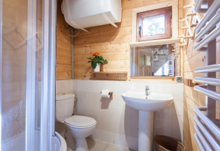 Lichte badkamer met houten muren, toilet, wastafel, klein raam en douche in een houten chalet.