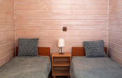 Twee eenpersoonsbedden met groene dekens en kussens, houten muren en nachtkastje in Aquarius Cottages, Duitsland.