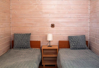 Two single beds with green covers and pillows, wood walls, and a nightstand in Aquarius Cottages, Germany.