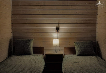 Due letti singoli con biancheria verde, lampada sul comodino, interno in legno di Aquarius Cottages, Germania.