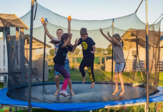 Four kids happily jumping and playing on a trampoline at Aquarius Cottages cabin in Germany.