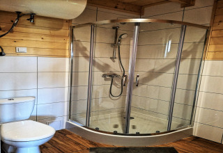 Baño moderno con ducha de vidrio, inodoro y paneles de madera, en la cabaña Lazurowy Zakątek en Alemania.