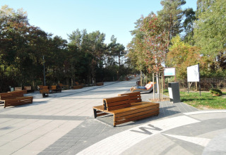 Buitenruimte bij Aquarius Cottages in Duitsland met banken, bomen en een rustige sfeer.