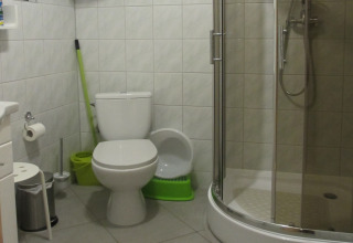 Badkamer met douche, toilet en groene schoonmaakartikelen in Charming House on a Hill, Duitsland.