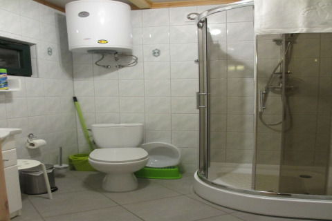 Moderne badkamer met glazen douche, toilet en boiler in een charmant huisje op een heuvel in Duitsland.