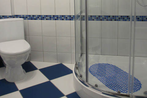 Schone badkamer in 'House on a hill', Duitsland, met toilet, hoekdouche en blauw-wit betegelde vloer.