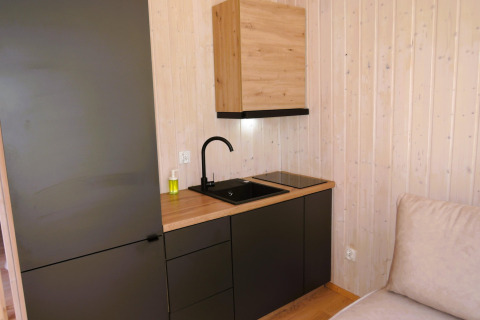 Pequeña cocina moderna con fregadero negro, encimera y paredes de madera en el interior de una cabaña.