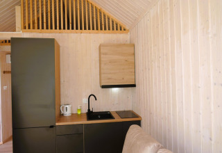Pequeña cocina moderna en una cabaña de madera con armarios negros, hervidor y placas eléctricas.