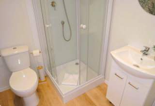Moderne badkamer in een huisje met toilet, douchecabine, witte wastafel en lichte houten vloer.