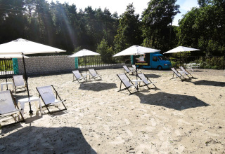 Ligstoelen en parasols op zand bij Turkusowa osada Wapnica, met een blauwe foodtruck nabij het bos.