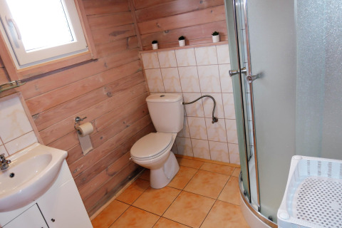 Bathroom in a wooden cabin with toilet, glass shower, sink, tiled walls, and small potted plants.