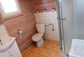 Baño en una cabaña de madera con inodoro, lavabo, ducha de vidrio y pequeñas macetas decorativas.