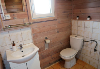 Badkamer in een houten chalet met wasbak, toilet, raam en kleine cactussen op het schap.