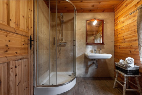 Badezimmer mit Holzverkleidung, moderner Duschkabine, Waschbecken, Spiegel und Handtuchkorb.